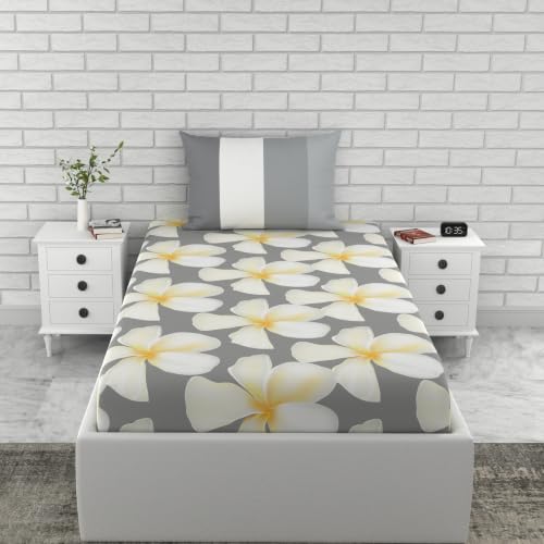 Image of LORETO - A QUALITY LINEN BRAND 144 TC 100% Pure Cotton Single Fitted Bedsheet with 1 Pillow Cover for 72 x 36 Inch Mattress, All-Around Elastic, 8 Inch Deep Pocket, Storm Grey & Celery White Flower