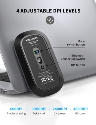 Bluetooth Mouse, TECKNET Rechargeable Wireless Mouse for Laptop, Tri-mode(BT5.0/3.0/2.4G) Slim Silent Computer Mouse Mini Receiver 4000 DPI Portable Mouse for Macbook/iPad/iPhone/Android/Windows/Linux