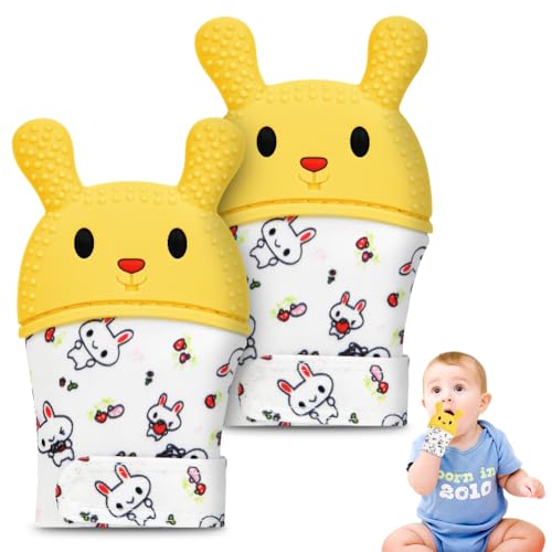 HOTUT Baby Beißhandschuhe, 2 Stück Beißringe Baby Spielzeug, BPA-frei, Tiermotive, Sensorische Fäustling Beißspielzeug Zahnungshilfe, Zahnen & Greifling für 0-6 Monate Babys (Gelb-Hase)