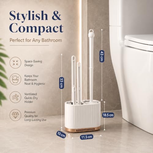 Image of 4-in-1 Silicone Toilet Brush & Holder Set - Deep Cleaning Toilet Bowl Brush with Crevice Cleaner, Wall-Mount & Floor Use | Quick-Dry Holder, Hygienic Bathroom Cleaning Tool (White)