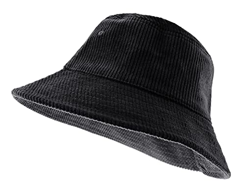 Anna-Kaci Corduroy Bucket Hat Lightweight Casual Solid Color Unisex Cotton Fishing Hat, Black #TOP1