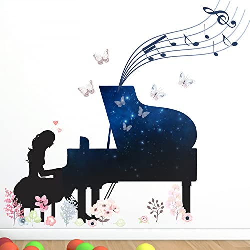 Blue Star Piano Girl Wall Sticker mural pour décoration de la maison Motif papillon Cover