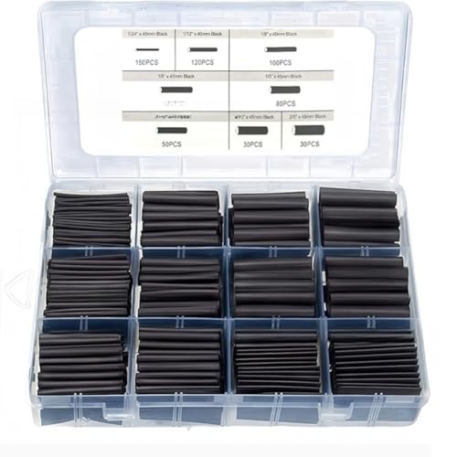 Wodsty Kit de 650 tubos retráctiles Ht, 8 tamaños de tubo retráctil de polietileno negro para envoltura de alambre, funda de cable eléctrico y protección de junta de soldadura, Rohs Comiant