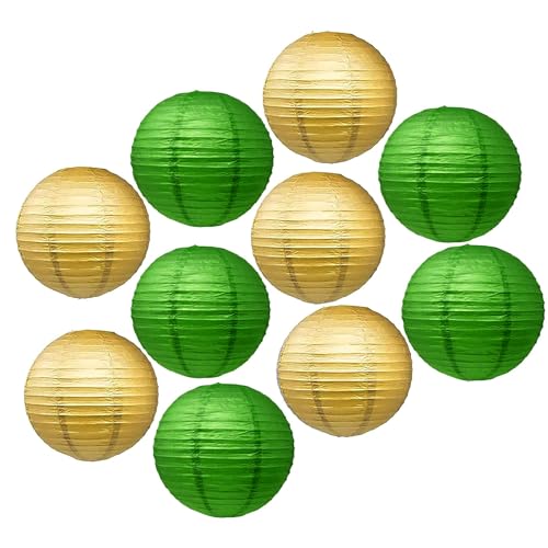 Image of Mudra Crafts 12 Inch Chinese Green and Gold Paper Lanterns Hanging Decor | 10 PCs, Reusable, Indoor Outdoor Decorative Lamp Shade, for Ceiling, Wedding, Shower, Party, Festival, Home Decoration