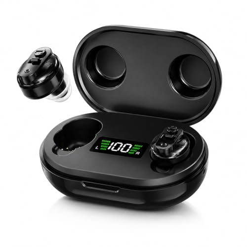 Aika CIC Wireless Rechargeable Hearing Aids for Old Age and Seniors with Digital Display, Noise Reduction, and 30-Hour Battery Life (Black, Manual, 1 Year Warranty, Free Dry Kit)