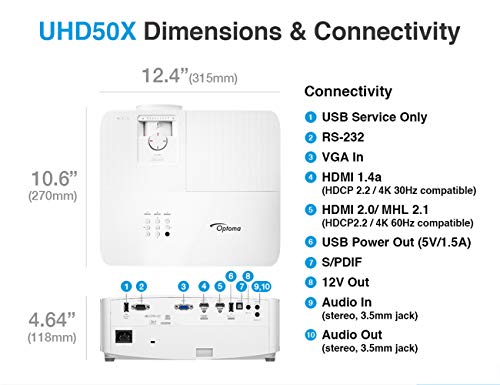 Optoma UHD50X 4K Projector: 240Hz, Low Input Lag, HDR10, 3400 Lumens for Movies & Gaming