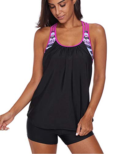 Sebowel Women Blouson Swim Top Strappy T-Back Push Up Bathing Suit Tankini Top, Rose, L #TOP2