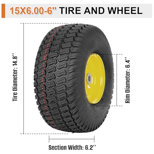 Image of 2 Pack 15x6.00-6 Tubeless Lawn Mower Tire and Wheel Assembly, Front Tires Fits John Deere Riding Mowers 100 & 300 Series, 3 inch Offset Hub, 3 /4 inch, 5 /8 inch & 1 /2 inch Bushings