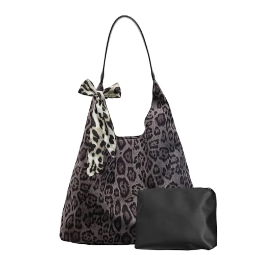 WEEKXING Suede Leopard Tote Bags for Women Cheetah Print Purse Suede Slouchy Hobo Shoulder handbags Large Capacity Bag 2PCS(Dark Grey Leopard)