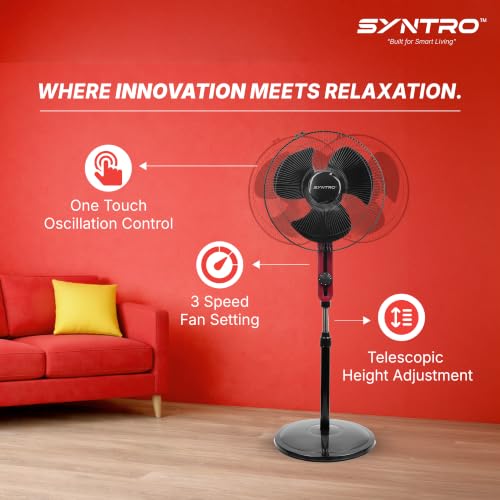 Image of Syntro Aeromax 400 MM High Speed Pedestal Fan for Home and Office - 2-in-1 Convertible Table Fan, Powerful Air Delivery, Aerodynamic Blades, Black Maroon Finish