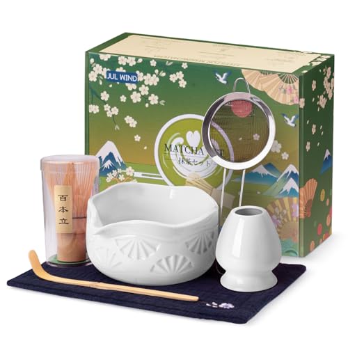 JUL WIND Matcha Whisk Set, Ceramic Matcha Set Includes Bowl with Spout, Whisk and Holder, Bamboo...