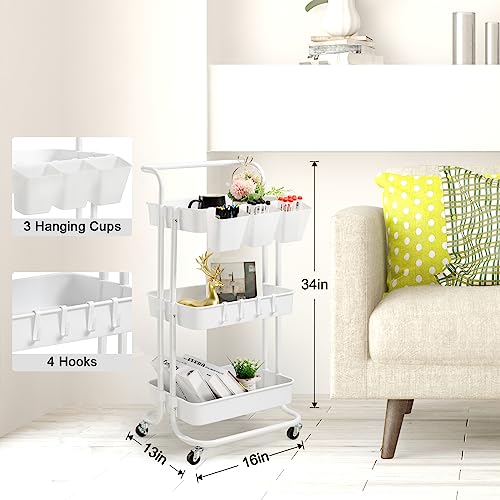 danpinera 3-Tier Metal Cart with 3-Tier Rolling Utility Cart with Lockable Wheels & Hanging Cups & Hooks Storage Organization Shelves for Kitchen, Bathroom, Office, Library, Coffee Bar - Thumbnail 3