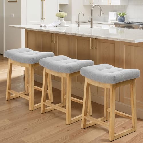 Image of Counter Height Bar Stools Set of 3, 24 Inch Backless Upholstered Counter Stools with Solid Rubberwood Legs, Modern Farmhouse Saddle Stools for Kitchen Island, Home Bar, Grey Linen Fabric