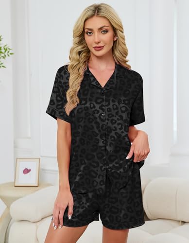 Image of Schbbbta Women Pajamas Set, 2 Pieces Satin Silk Button Down Pjs Short Sleeve Outfits Loungewear