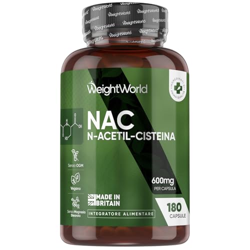 NAC N-Acetil-Cisteina Vegana, 600mg per Dose Giornaliera, 180 Capsule (Fornitura per 6 Mesi), 1 Sola Capsula al Giorno, N Acetilcisteina 600 mg, Integratore per Uomo e Donna, Senza Magnesio Stearato