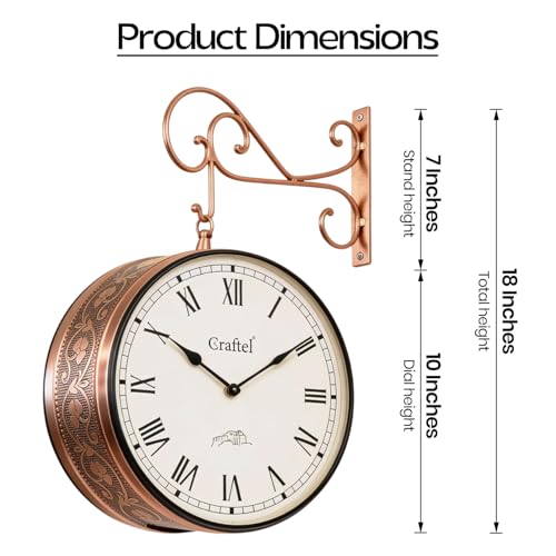 Image of CRAFTEL Double Sided Station Wall Clock Multi-Layer Electroplated | Both Side Roman Numerals | Aluminum Matte-Finish Dial Brass Body | Dial - 10 Inches, Rose Gold | 365 Days Warranty