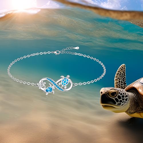 Image of Fenthring Turtle Anklet S925 Sterling Silver Blue Opal Sea Turtle Ankle Bracelets for Women Infinity Wave Ocean Beach Summer Foot Bracelet Jewelry Layered Adjustable