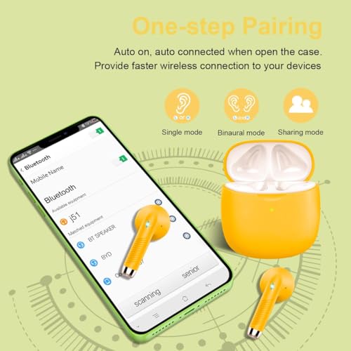 Image of Wireless Earbuds, Bluetooth 5.4 Earbuds Stereo Bass, Bluetooth Headphones in Ear Noise Cancelling Mic, Earphones IP7 Waterproof Sports, 32H Playtime USB C Charging Case Yellow Ear Buds for Android iOS