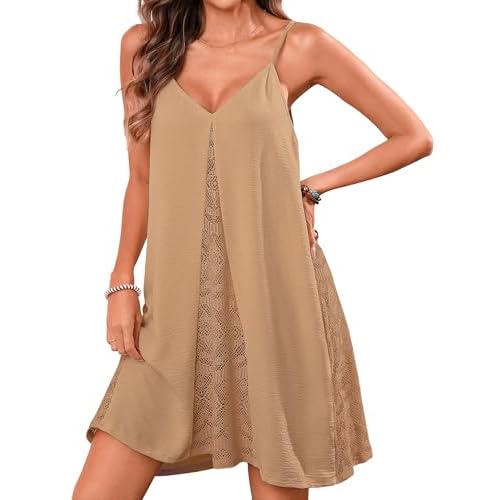 Totatuit Women's Beach Swimsuit Cover Ups Dresses Crochet Bathing Suit Tank Dress Spaghetti Straps Swimsuit Coverup Khaki 3X-Large