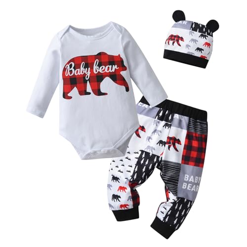 Newborn Baby Boy Clothes Set Long Sleeve Bear Print Romper Top and Pants with Hat Fashion infant Pants Outfit (White,Newborn)