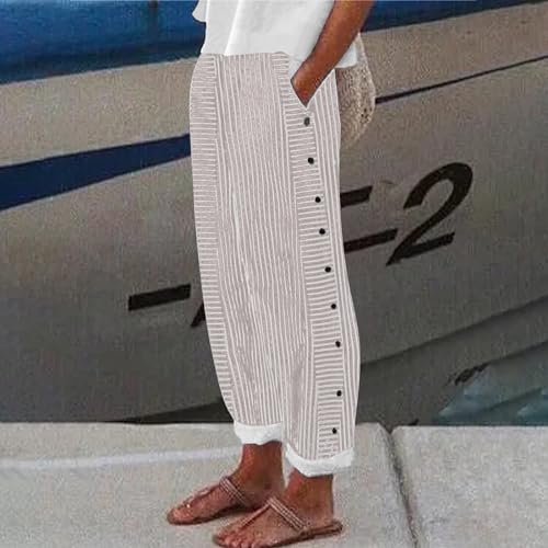 Womens Linen Pants Petite Womens Cotton and Linen Striped Elastic Waistband High Waistband Pocket Pants Side Nine2
