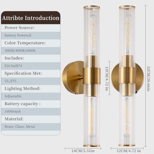 Image of Rechargeable Wall Sconce Set of 2, Battery Operated Wall Sconce, Wireless Wall Lamp with Vertically Striped Glass Tube, Non-Hardwired Wall Sconces, Modern Vanity Light Fixtures for Bedroom, Hallway