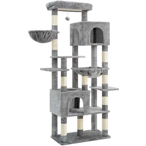 Image of Heybly Cat Tree, 76-Inch Tall Heavy Duty Cat Tower for Big Cats HCT039W | Multi-Level Large Cat Furniture with Extra Wide Baseboard, 2 Condos & 2 Hammocks, 10 Scratching Posts, Light Gray