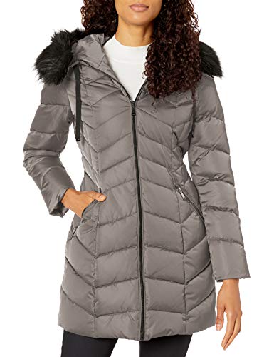 T Tahari Women's Heavy Weight Puffer Coat with Faux Fur Hood, Slate, Medium