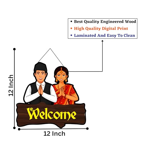 Image of EXPLEASIA Welcome Nepali Couple Decorative Wall Hanging Wooden Art Decoration Item for Home Office Living Room Decoration Items Home Decor Wall Art Wall Decoration (Multicolor)
