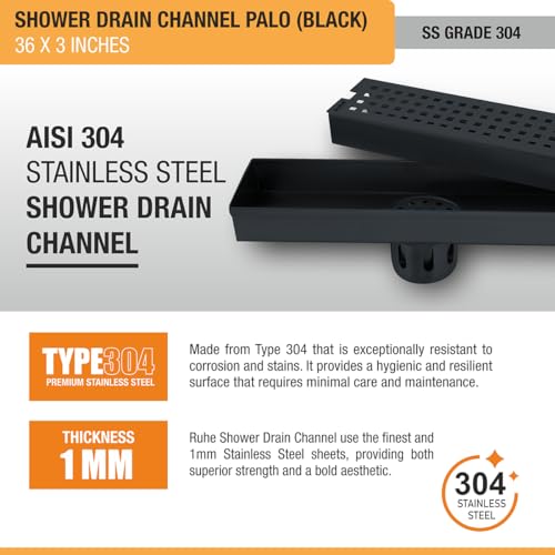 Image of Ruhe Palo 36 x 3 Inches Shower Drain Channel | 304 Stainless Steel Black PVD Coated Shower Water Drain Channel /Waste Water Floor Drain & Side Hole