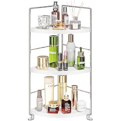 KINGBERWI 3-Tier Corner Spice Rack Kitchen Bathroom Countertop Organizer Vanity Tray Cosmetic Makeup Storage Standing Shelf, White Cover