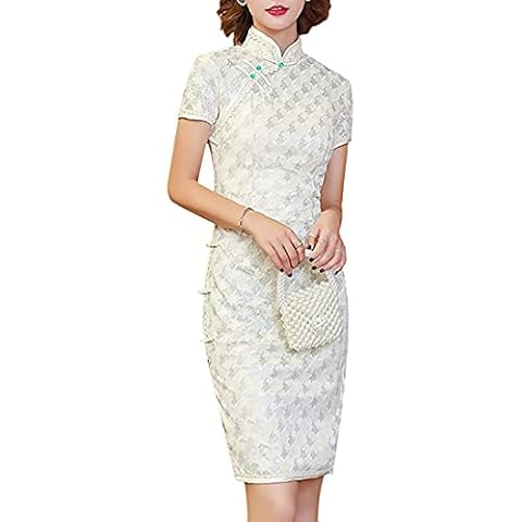 BooW Women's Vintage Lace Cheongsam Qipao Dress Elegant Chinese Short Sleeeve Side Slit Midi Dress (855# Beige, Large) Cover