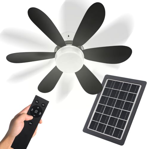 20.8'' Solar Ceiling Fan Light , Solar Powered Rechargeable Ceiling Fan with 3 Color Light ＆Remote Control,Built in 10000 mah Battery, for Outside Gazebo Canopy Tent, Chicken Coop ,Camping Tent