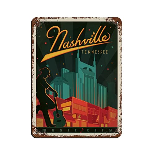 AZOLID Vintage Metal Tin Signs Nashville Broadway Music City Travel Tin Signs Metal Poster Wall Decor Office Cafe Bathroom Bedroom 14x20CM
