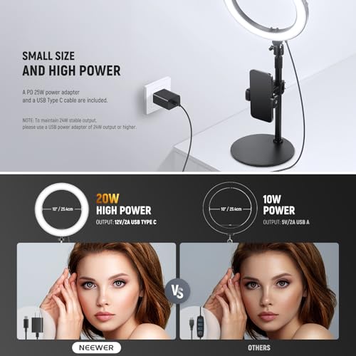 Image of NEEWER 10 inch 20W LED Ring Light with Desk Stand Phone Holder for iPhone Laptop, Bi Color 2900K-7000K, USB C PD Input, CRI97+ 1660LX /0.5m, Selfie Makeup TikTok Recording Video Conference Lighting, RH10B