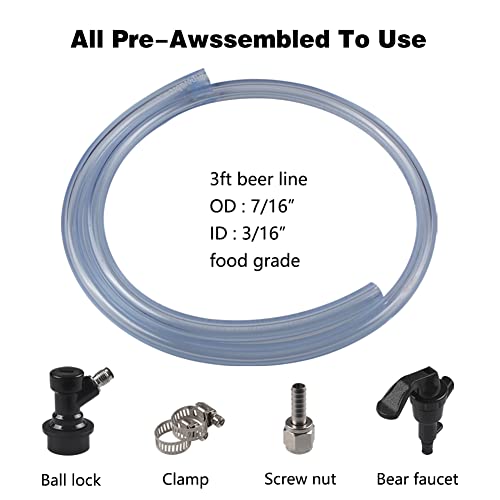PERA 3/16" ball lock line assembly, picnic tap with 3ft beer line for home brewing