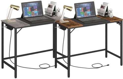 HOOBRO Computer Desk, Home Office Desk with Power Outlet, Study Desk with 3 Hooks for Study Room, Home Office, Sturdy and Stable, Easy to Assemble, Charcoal Gray and Rustic Brown BC40UDN01-BF40UDN01 image 5