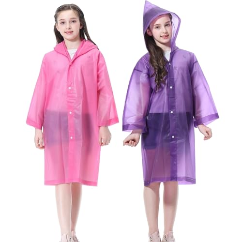 RUISHYY - Kids Rain Poncho 2 Pack Reusable EVA Children Raincoat for Boys Girls Waterproof Long Hooded Jacket Pink Purple - Best Deal on Amazon