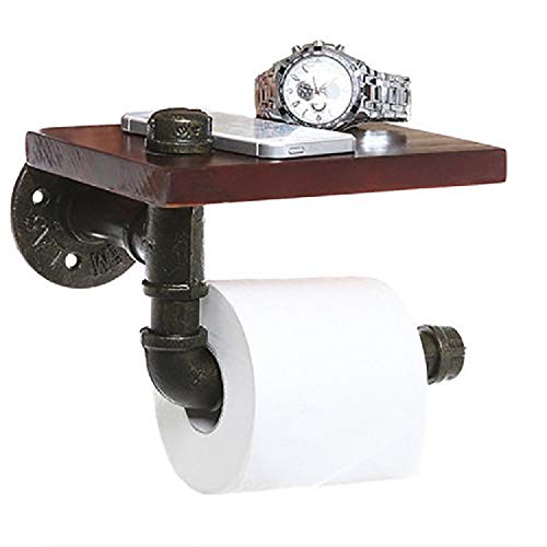 Industrial Pipe Toilet Paper Holder with Rustic Wooden Shelf and Cast Iron Pipe Hardware for Bathroom, Washroom?Industrial-Style with Shelf