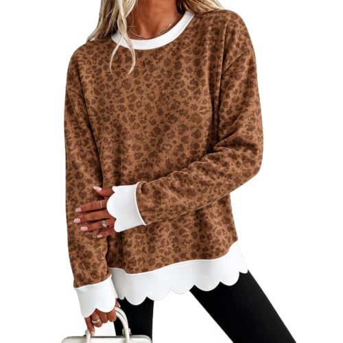 Leopard Print Sweatshirt Womens Patchwork Scalloped Y2K Crewneck Pullovers - image 2
