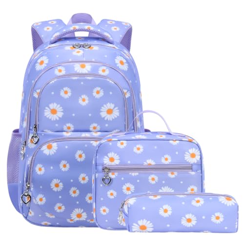 Conjunto de Mochila Escolar Feminina com Estampa de Margarida - 3 Peças com Bolsa de Almoço e Estojo de Lápis (Roxo)