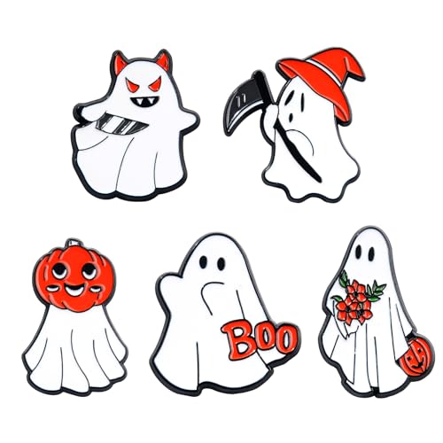Image of 5Pcs Halloween Ghost Enamel Brooch - Pumpkin Reaper /Death's Scythe Devil Boo Lapel Pin - Cute Flower Smile Heart leaves Pattern Badges Gifts for Women Men