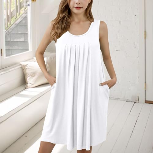 Girls Sleeveless 𝗡ightgowns with Pockets Summer Flowy Pleated Front 𝗡ightdress Crewneck Tank Dress 𝐒leepwear3