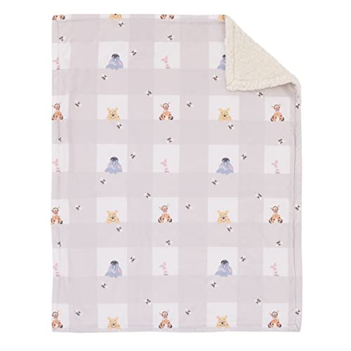 Image of Disney Winnie The Pooh Hugs and Honeycombs Grey and White Plaid with Piglet, Tigger and Eeyore Super Soft Sherpa Baby Blanket