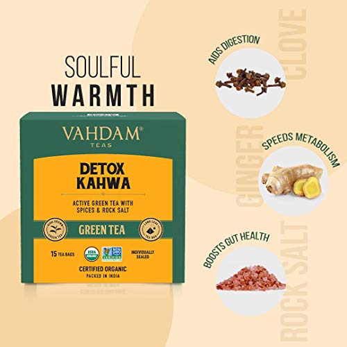 Image of VAHDAM Organic Amla Ginger Tea - 15 Green Tea Bags & VAHDAM, Organic Detox Kahwa Green Tea- 15 TBS