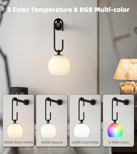Image of Glass Globe Wall Sconces Set of 2, Battery Operated Wall Light with Remote, Indoor Wireless Wall Lights with Dimmable 12RGB Colors Light Bulbs for Bedroom Living Room Hallway(Black)
