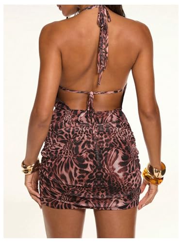 SOLY HUX Women's Leopard Mesh Dress Y2k Deep V Open Back Halter Bodycon Mini Dresses Rave Outfit3