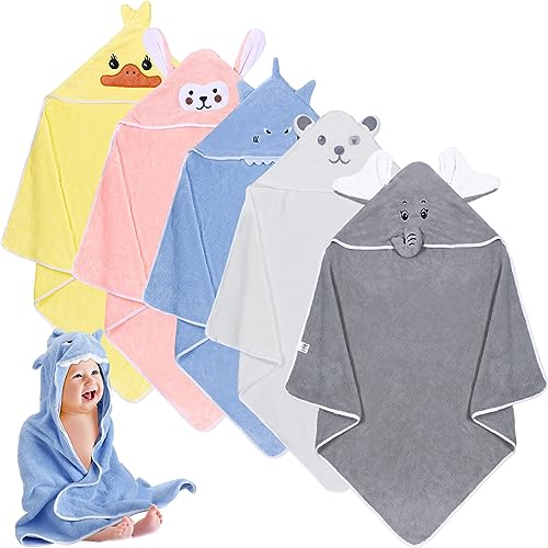 Image of Peryiter 5 Pack Baby Bath Towel 30 x 30 Hooded Baby Towel Set Soft Baby Towels for Newborn Coral Fleece Toddler Bath Towels Absorbent Hooded Bath Blanket for Toddler Infant Shower Gift Supplies
