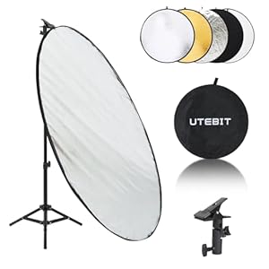 UTEBIT 43 Inch (110cm) Light Reflector Stand Kit Diffuser 5 in 1 Collapsible Multi Disc with Bag, 48 Inch Light Stand, Photography Reflector Holder-Translucent/Silver/Gold/White/Black