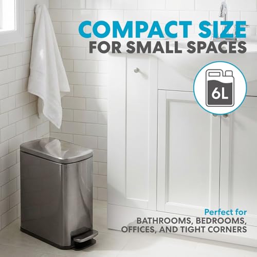 Image of SIMPLI-Magic 6L /1.6G Stainless Steel Bathroom Trash Can with Hands-Free Foot Pedal, Quiet Soft-Close Lid, Compact Space-Saving Size